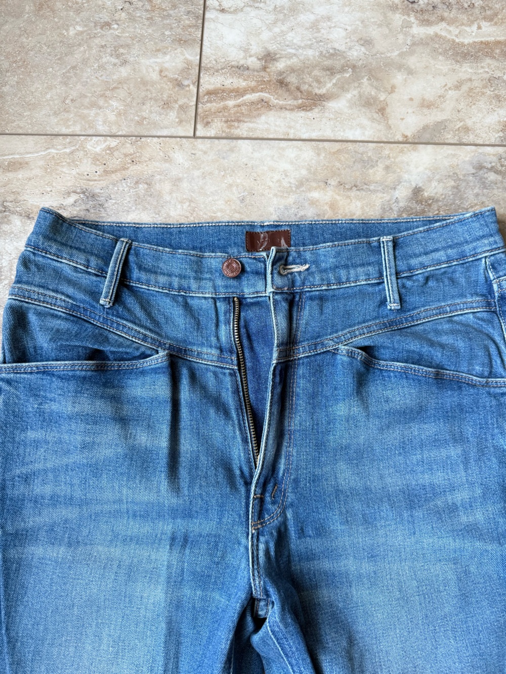 MOTHER Straight Leg Jeans in Mid Blue Wash